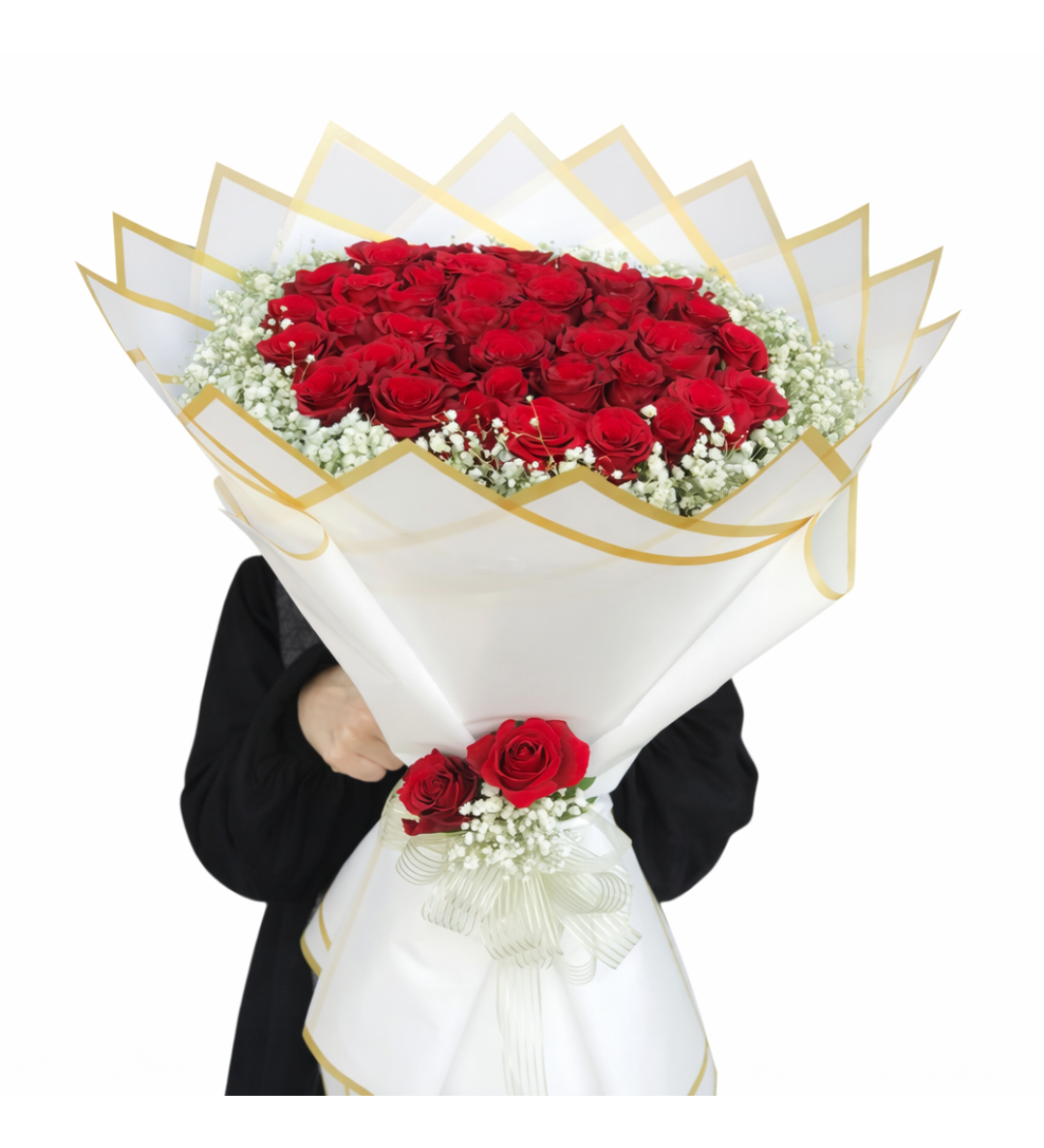 Beyaz & Gold Bukette 41 Kırmızı Gül – Prestij Serisi